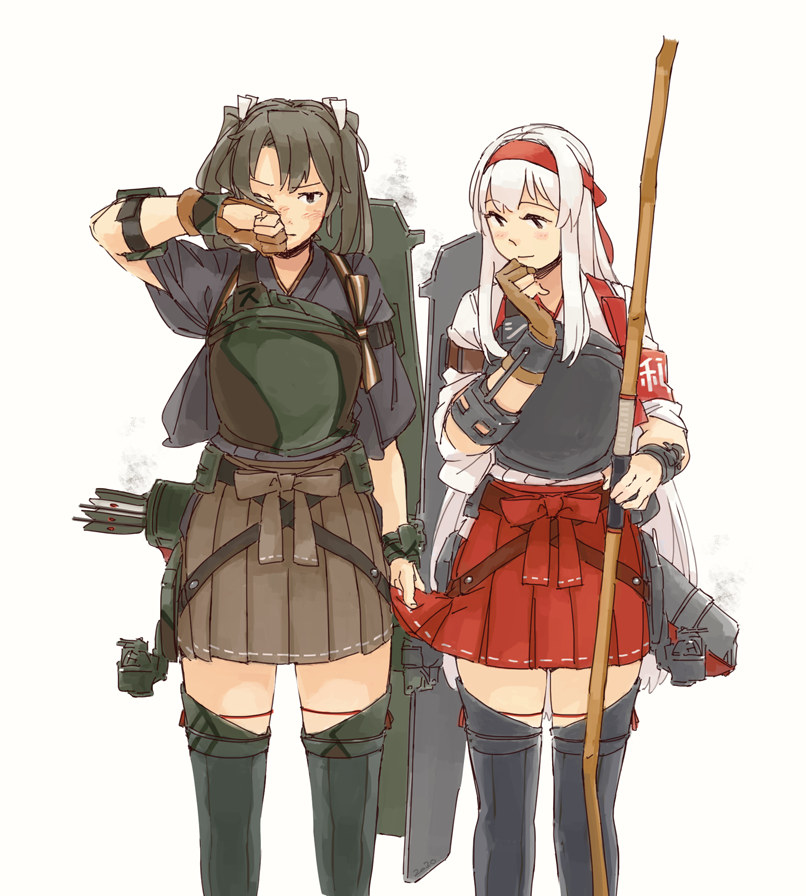 shoukaku (kancolle) ,zuikaku (kancolle) multiple girls 2girls skirt weapon japanese clothes hakama white hair  illustration images