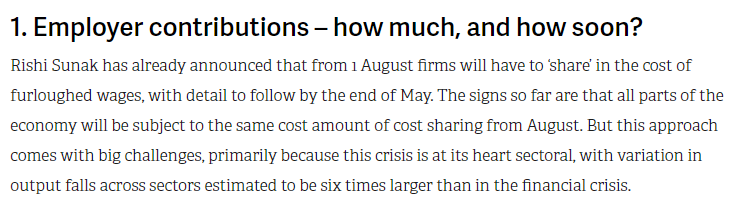 Just published a short piece on what next for the Job Retention Scheme.  @RishiSunak will be making three big decisions this week.First, on employer contributions...