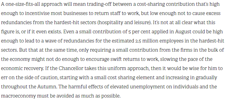 Going for a one-size-fits-all approach means finding the magic (maybe non-existent) number.A cost-sharing amount that's high enough to get most businesses using the JRS increasing economic activity, but not too high so as to cause excess redundancies from hospitality/leisure.