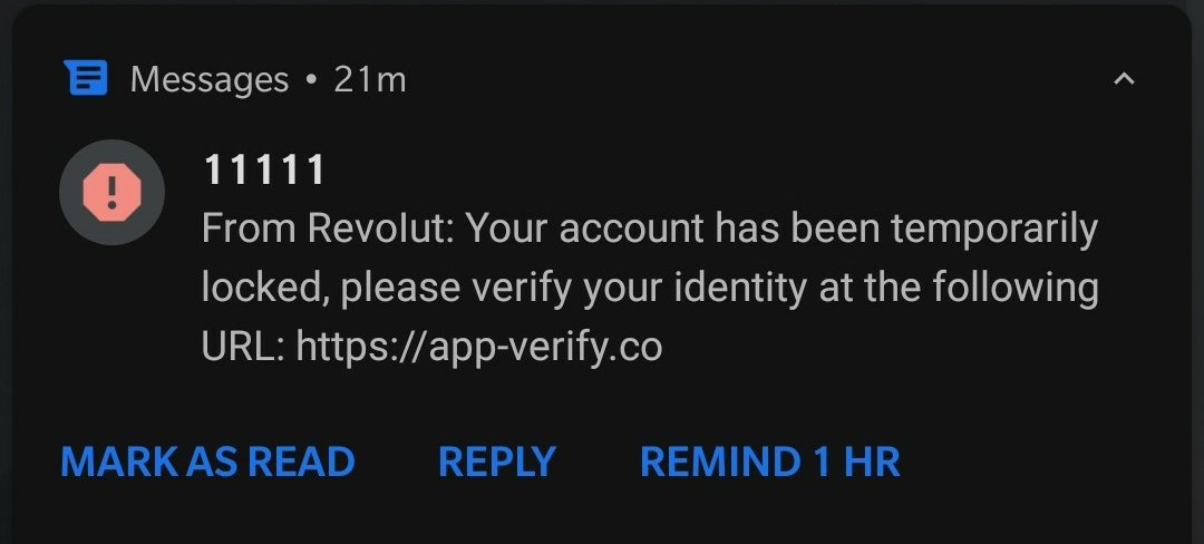 dannoutt's tweet photo. @RevolutApp scammers seem to be aware of users that have revolut and are targeting them. Potential data leak? - I barely use my revolut card and don't use it anywhere online https://t.co/Eq82g1l42Z