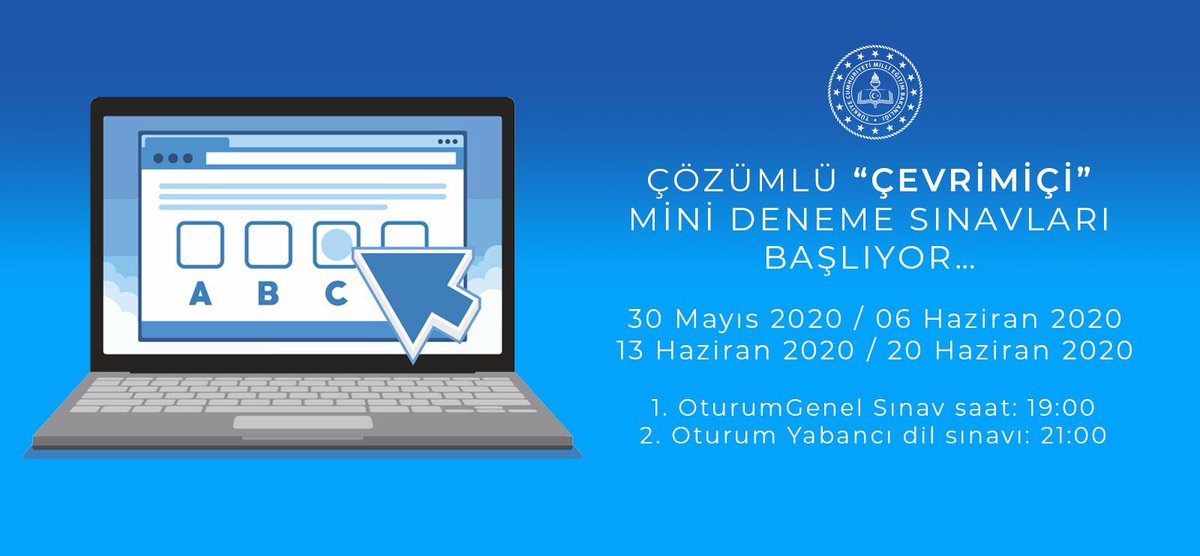 Online Deneme Sınavları başlıyor. Tüm öğrencilerimizin katılımını bekliyoruz. 
<a href="/ziyaselcuk/">Ziya Selçuk</a> <a href="/tcmeb/">Millî Eğitim Bakanlığı</a> <a href="/cengizmete/">Cengiz Mete</a> 
👉 30 Mayıs
⏰ 19.00