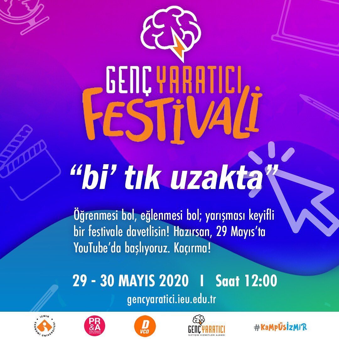 ieu_iletisim's tweet photo. Madem hepimiz evlerimizdeyiz, o zaman biz de festivali bi' tık uzağınıza getiririz! 😊 GençYaratıcı Festivali, İEÜ İletişim Fakültesi YouTube hesabında yarın başlıyor. Detaylı bilgi: https://t.co/KZ2lzCJGFq 
@izmirekonomiuni #kampüsizmir #onlinefestival #gençyaratıcıfestivali https://t.co/yHqJ7JzK1X