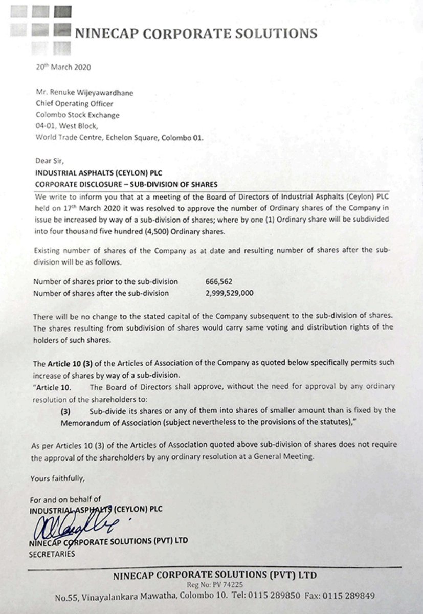 It is small, illiquid, and had burped along at a price of LKR 280-300 for most of the first few months of this year, falling briefly below 260 in March. On March 20, they announced a stock split decided a couple days prior. The exchange shut down on the 20th.