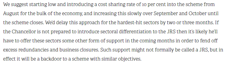 That's why putting some sectors on a slower timetable makes sense. Chancellor should also not feel like he has to set a cost-sharing rate and stick to it. Better to start low (c. 10%) and ramp-up over the following months.