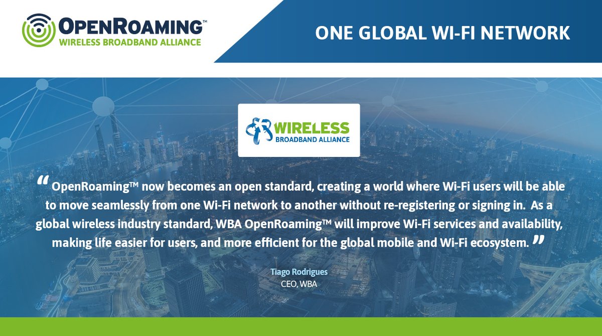 WBAlliance's tweet image. The Wireless Broadband Alliance are proud to announce the launch of WBA OpenRoaming™ - a new roaming standard that allows mobile network customers to automatically connect and roam across #WiFi networks at home and overseas. Learn more here: bit.ly/2X5EUoO