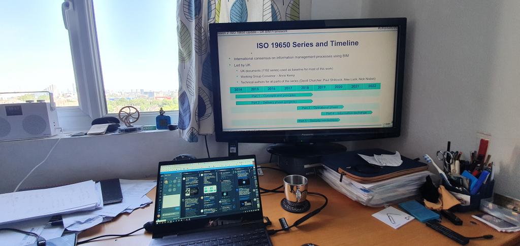 EEPaul's tweet photo. #WFHwindows #ukbimvirtual listening to David Churcher talking about the ISO 19650 standards development process https://t.co/Z7cV57rpZQ