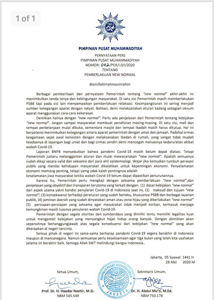 muhammadiyah's tweet photo. Pernyataan Pers PP Muhammadiyah Tentang Pemberlakuan New Normal https://t.co/Md3mD3NDXc
#Muhammadiyah #BersatuPerangiCorona #COVID19 #TheNewNormal https://t.co/LiRhBMFQ9C