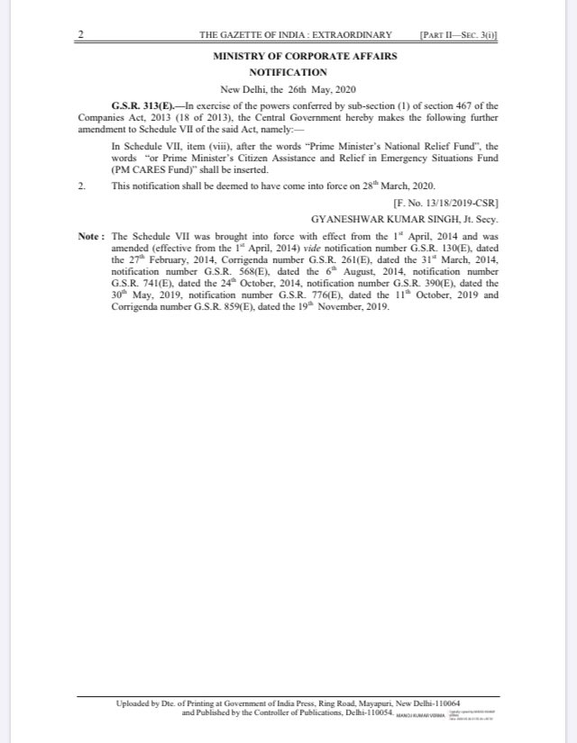 CA_PankajGoyal's tweet photo. #MCA_UPDATE
Ministry of Corporate Affairs (MCA) makes amendment to Schedule VII of Companies Act, 2013 to include PMCaresFund as CSR Activity. This Notification shall be deemed to have come into force from March 28, 2020.
#PMCaresFunds https://t.co/HZqH7Gykg7