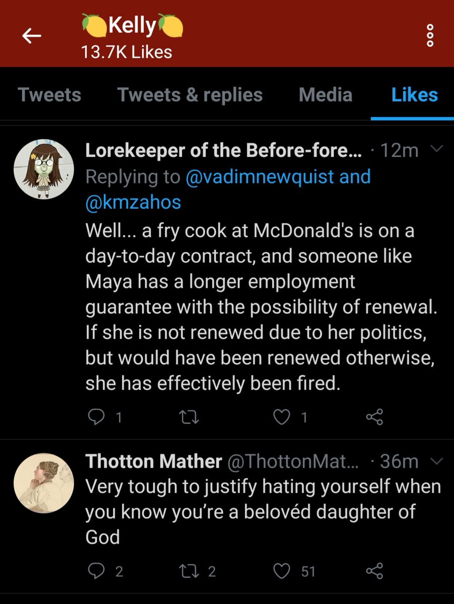 No matter what she says, this was started about Maya's work contract not getting renewed, because Kelly sees Maya as a martyr and a hero, because Kelly is a terf.