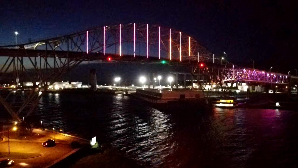 BucsHs's tweet photo. Miller High School Class of 2020 Sunset Parade concluded under the Harbor Bridge that was lit up in purple and gold. Go Bucs! @ccisd https://t.co/pWEtvdchYQ