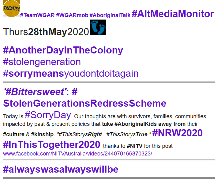 WgarNews's tweet photo. #AnotherDayInTheColony | #SorryDay #StolenGenerations #SorryMeansYouDontDoItAgain | #NITVvideo https://t.co/gxvKfa6yzs #DebKilroy @DebKilroy #TreatyNow #DrCBond @drcbond #Murtupuni @murtupuni #SummerMayFinlay @SummerMayFinlay | #NRW2020 #InThisTogether2020 https://t.co/Z04h9raKbU https://t.co/SKKZiSdU0g