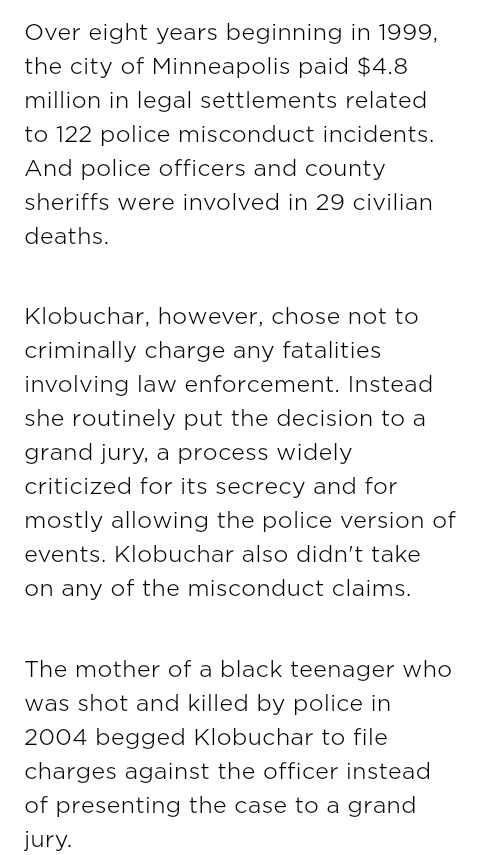 In 8 years and 122 police misconduct incident and 29 civilian deaths, Amy Klobuchar chose not to criminally charge ANY of the officers.