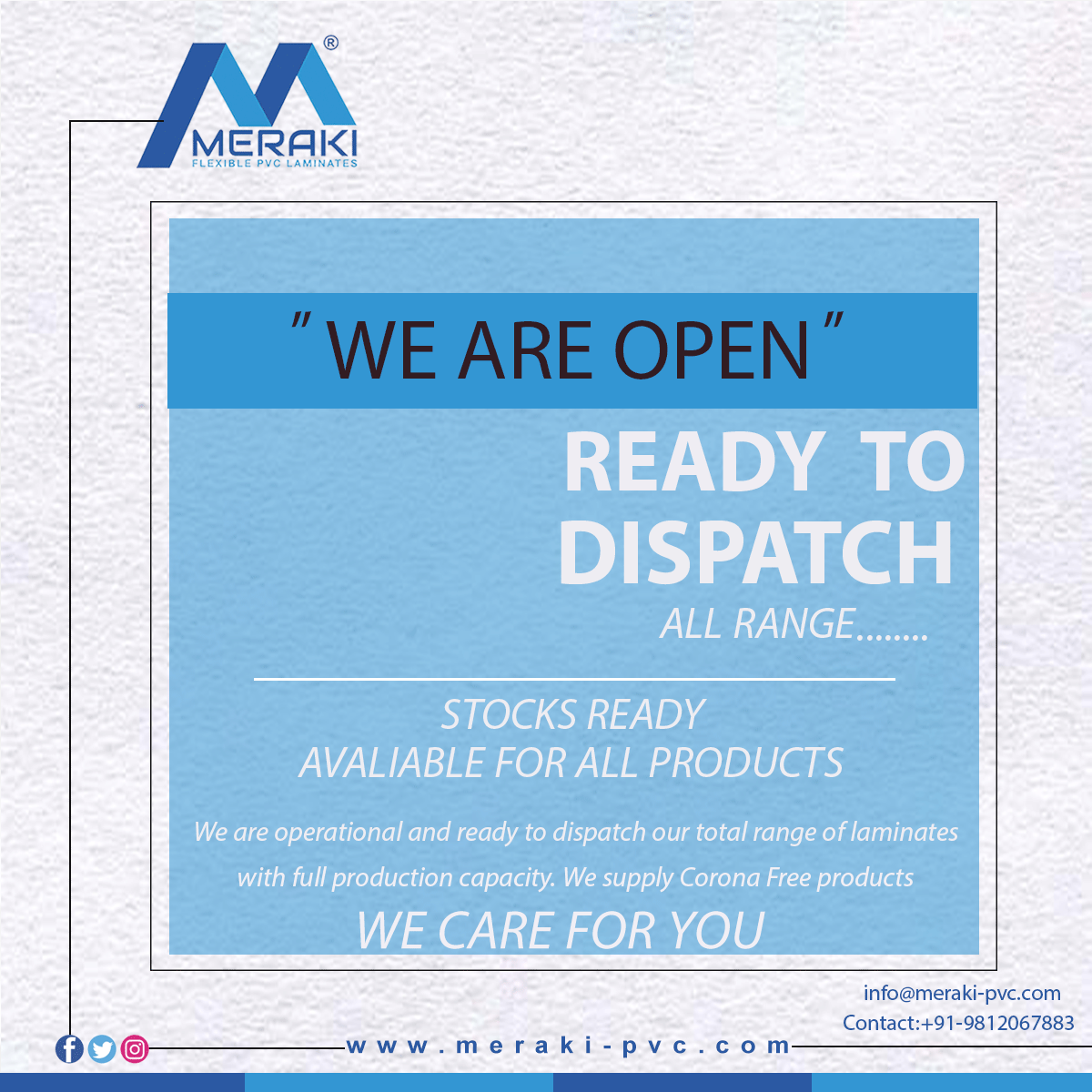 meraki_pvc's tweet photo. Merakipvclaminatesindia:

We are operational and ready to dispatch our total range of laminates with full production capacity. We supply Corona Free products, we Care for you.
Visit our website: https://t.co/yZL6izhnRC
Contact:+91-9812067883
#merakiPVClaminates https://t.co/TZ2On3vcYV
