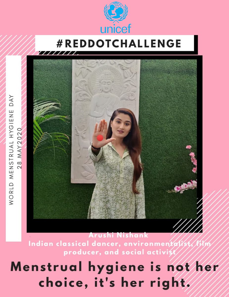 ArushiNishank's tweet image. It's a pleasure to associate with @UNICEFIndia for #RedDotChallenge. I'm proud of being a woman, and I boldly say that periods are no shame. Let’s shatter the stigma and talk about menstrual hygiene practices.  

#WorldMenstrualHygieneDay #MHDay2019 @postforchange @crccnlu