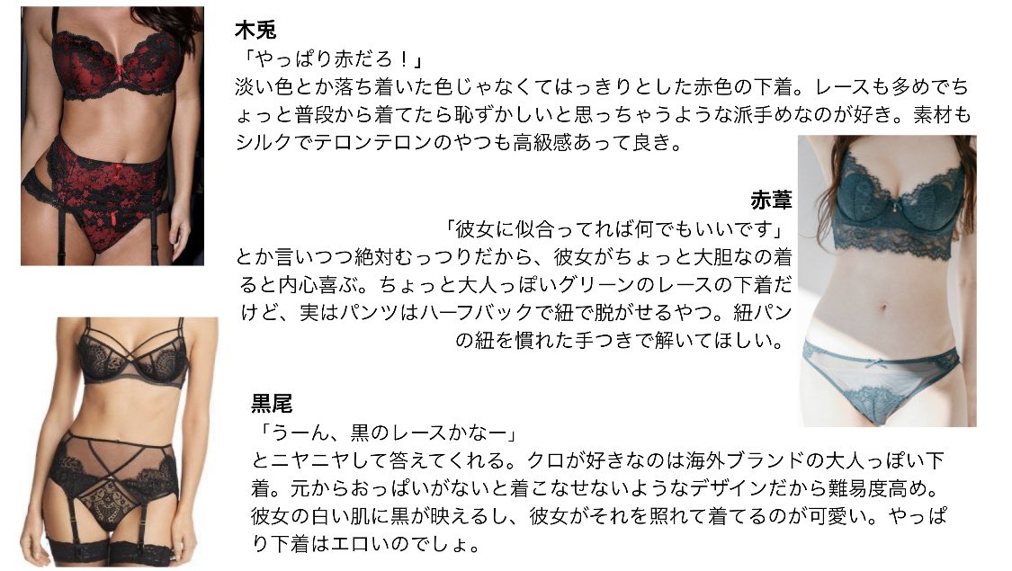 ざくろ 在 Twitter 上 男子たちの好みの下着事情 彼女に着てほしい下着はどんな下着 及i川 岩i泉 松i川 花i巻 木i兎 赤i葦 黒i尾 研i磨 月i島 影i山 819ぷらす Hqプラス 夜の819プラス 下ネタ苦手な人は非推奨 稲荷崎 白鳥沢 井闥山はリプで続き