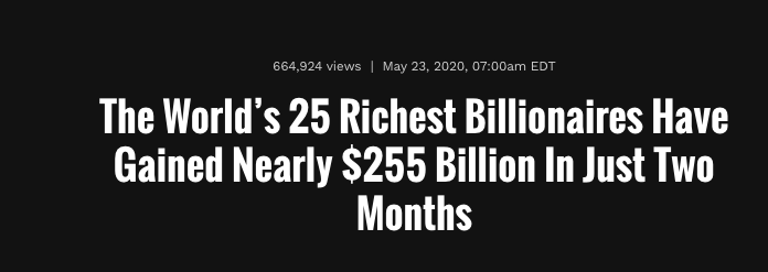 GunnelsWarren's tweet image. Looting is 25 billionaires increasing their wealth by $255 billion in 2 months while up to 580 million people throughout the world are pushed into poverty during this horrific pandemic. That's looting.