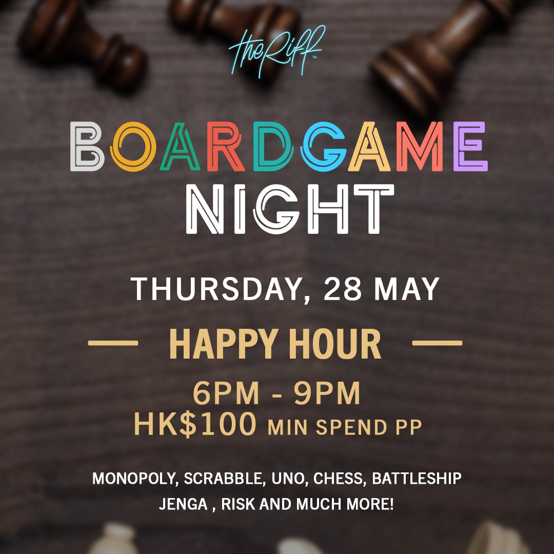 theriffhk's tweet photo. 🎮 #GameOnThursday: Get gaming like a maniac with board games, card games, mind games, hunger games, good chat and better times with Chaotic Hong Kong Expats. The fun keeps rolling with Happy Hour extended to 9pm tonight. Come with friends, come alone, kumquat. See you there! 🤩 https://t.co/QvgMLbK9cX