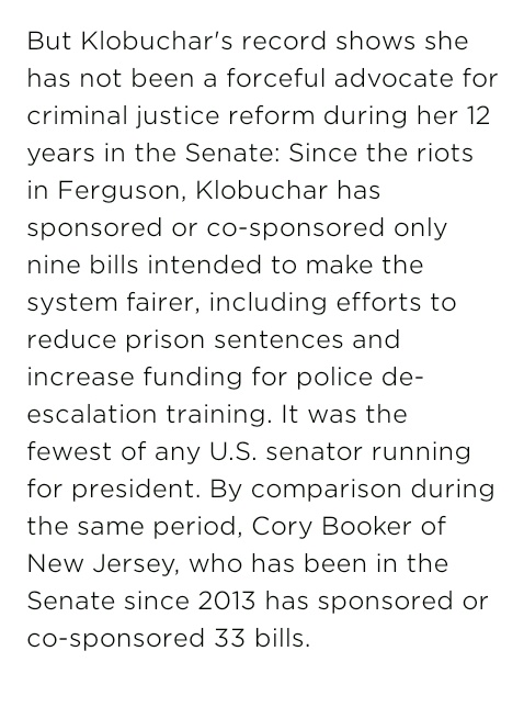 I could go on and on.No. This should be acceptable to NOBODY. This is injustice.Kamala has sponsored more criminal justice reform efforts than Amy has since 2013.Kamala just got to the Senate in 2016. Amy needs to square this shit up.