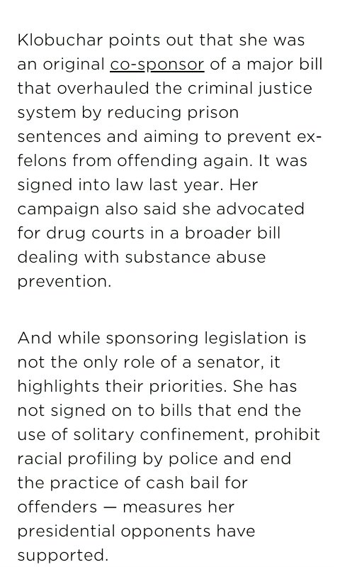 I could go on and on.No. This should be acceptable to NOBODY. This is injustice.Kamala has sponsored more criminal justice reform efforts than Amy has since 2013.Kamala just got to the Senate in 2016. Amy needs to square this shit up.