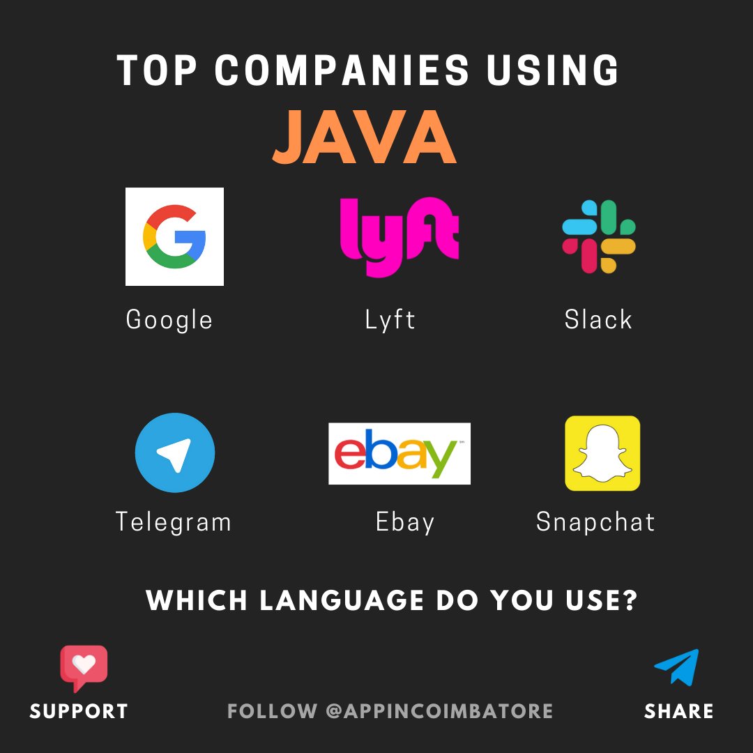 Here are top companies currently using #java for their software. 
WhatsApp: 7708040308
Visit: appincoimbatore.com

Like our content? Hit the like and share it with your friends

#learnjava #javalearning #javadeveloper #javaprogrammer #javacode #javaprogramming #developerlife