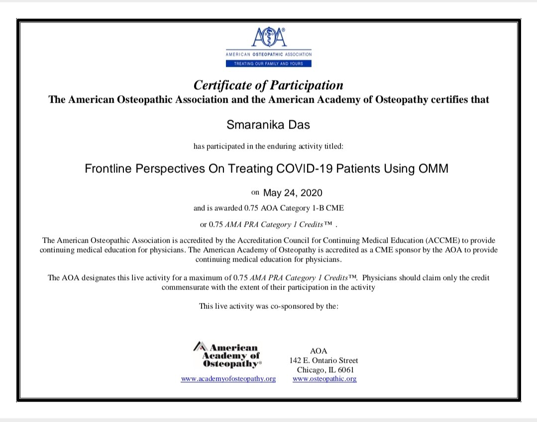 Smaranika_22's tweet photo. Completed the course on 'Frontline Perspectives on treating COVID-19 Patients with OMM' by @AOAforDOs and @AmAcadOsteo
#COVID #COVID19 #CoronaVirusOutbreak #StayHome #IndiaFightsCorona #UpSkillPT #CuramosHealthcare #StayHomeandLearn #lockdownlearning
https://t.co/l4El2Mdjff https://t.co/TfnJqEp417