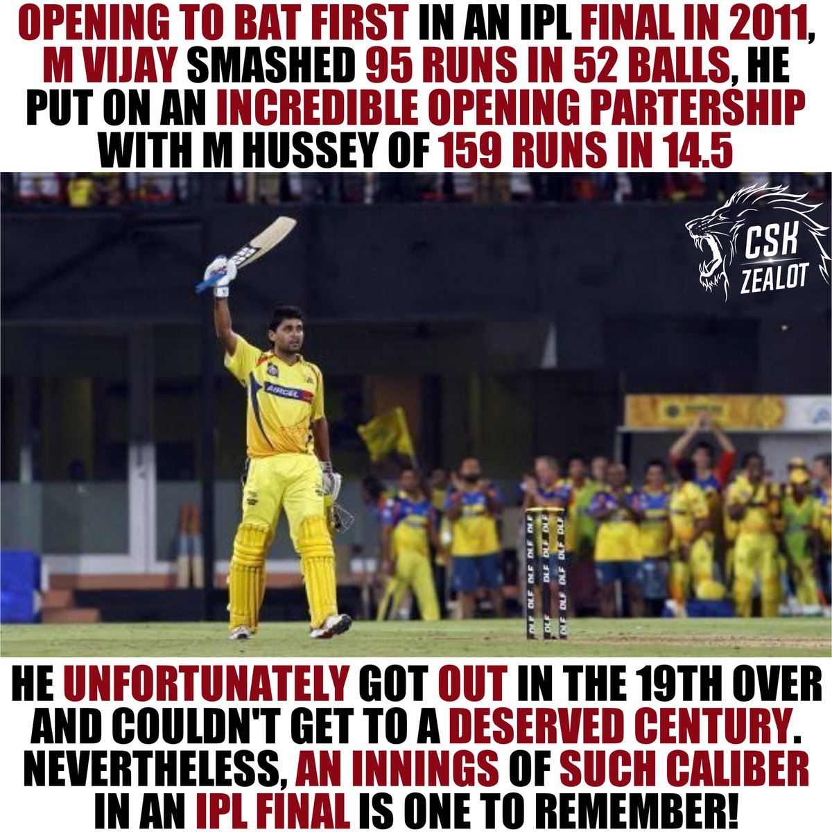 Opting to bat first in the night of final after winning the toss; both  @ChennaiIPL openers looked in really good touch.They both added 159runs in 14.5 overs till Huss was caught by Mithun at 64. But Monk had another plan ,started firing from all cylinder till he was caught at 95