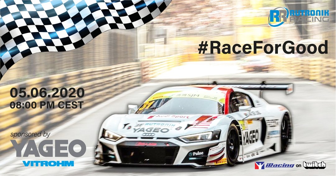 Take your time…But save the date!
#RACEFORGOOD next round is coming 05. June 2020 – 08:00pm CEST
<a href="/YageoCorp/">Yageo Corporation</a> Corporation and his division Vitrohm support this #charity #event together with #rutronikracingteam

#sportsforgood #twitch #laureus #iracing #7sports #earlygame #vipprize