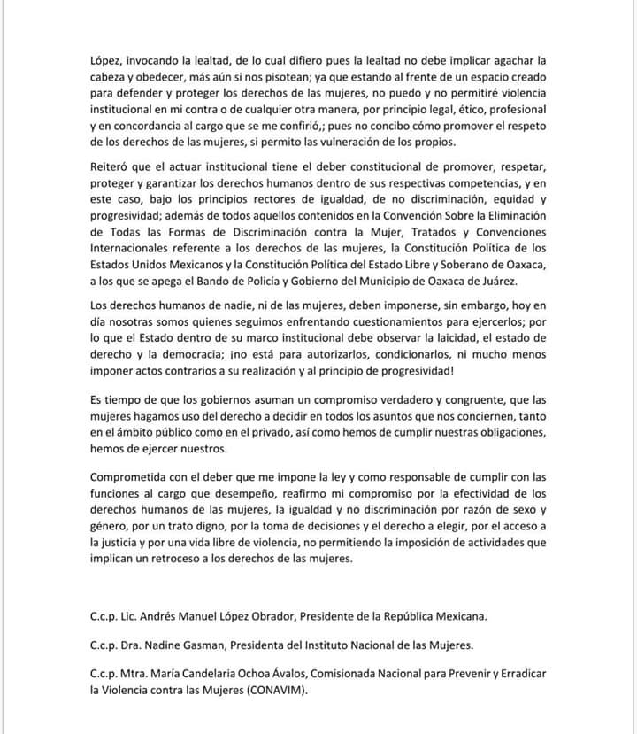 Yalina_R's tweet photo. El presidente municipal de Oaxaca de Juarez acaba de destituir a la directora del Instituto Municipal de la Mujer de Oaxaca por negarse a transmitir una conferencia provida.Esto ocurrió el día de hoy. https://t.co/KCmi5FSMac