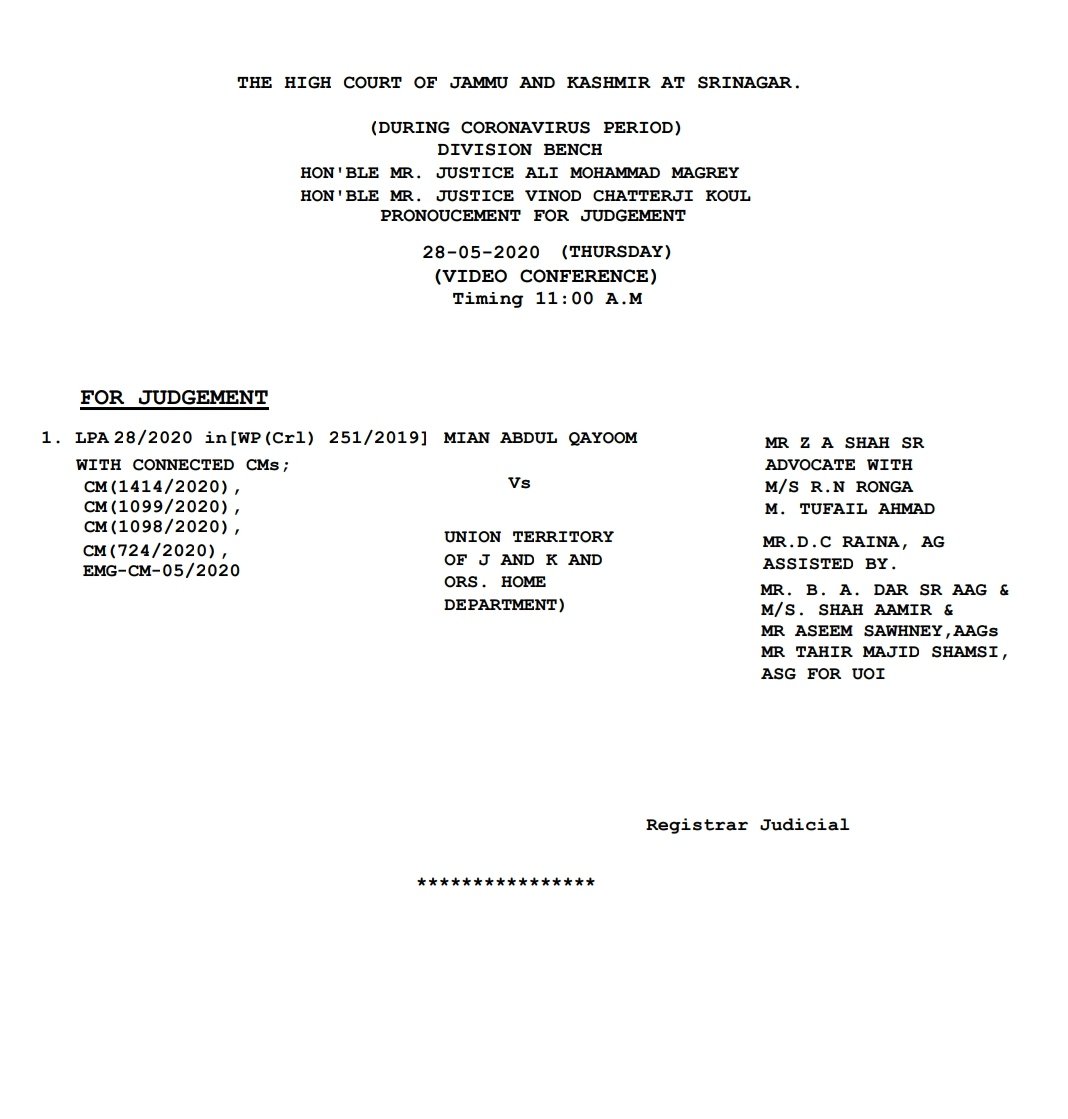 Zulqarnain Ibn Usuf Jammu And Kashmir High Court To Pronounce Its Verdict On A Plea Seeking To Quash Detention Of Kashmir High Court Bar Association President Mian Abdul Qayoom Who