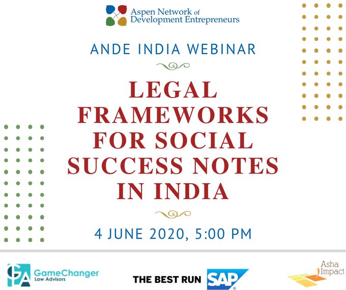 GameChangerLaw's tweet photo. #innovation #financing Social success notes are another source of innovative funding for social impact organizations. Learn more in this webinar hosted by @ANDEIndia where our team will discuss legalities of such notes. Register: https://t.co/CQ7slhNZUq https://t.co/kSMqIt1zuK