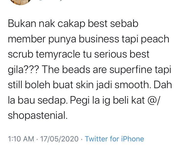 4. Temyracle Peach Face Scrub. RM42 for 70g.I tau ramai takut nak guna physical exfoliant dengan kes st ives apricot scrub tu tapi I boleh guarantee scrub ni sikit pun tak kasar.Review from my own friend tanpa paksaan, dia sendiri beli & try. https://t.me/rabbaniah...