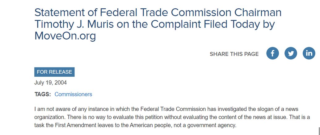 The EO orders  #FTC to consider suing Internet services for deceptive claims about content moderationBut the FTC won’t—can’t—sue Internet media for the same reason it hasn’t sued Fox News for claiming to be “Fair & Balanced.” As the Republican FTC Chair explained back in 2004: