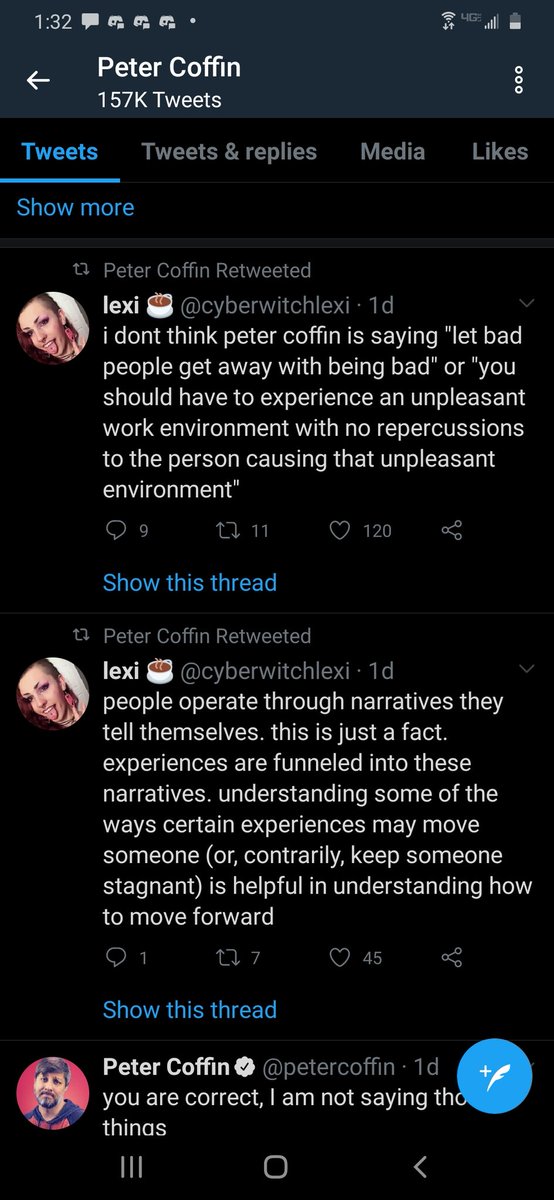 Instead, they withdraw from the conversation and just start retweeting the things people supporting them are interpreting from their tweet.Peter does this every time they have a take that gets backlash, they pull back and let others twist their take into something palatable.