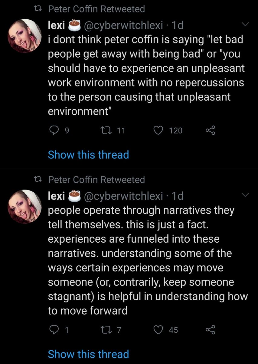 Instead, they withdraw from the conversation and just start retweeting the things people supporting them are interpreting from their tweet.Peter does this every time they have a take that gets backlash, they pull back and let others twist their take into something palatable.