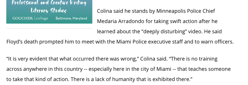 Miami Police Chief Jorge Colina  https://www.local10.com/news/local/2020/05/27/miami-chief-to-officers-no-training-teaches-deeply-disturbing-action-killing-george-floyd/