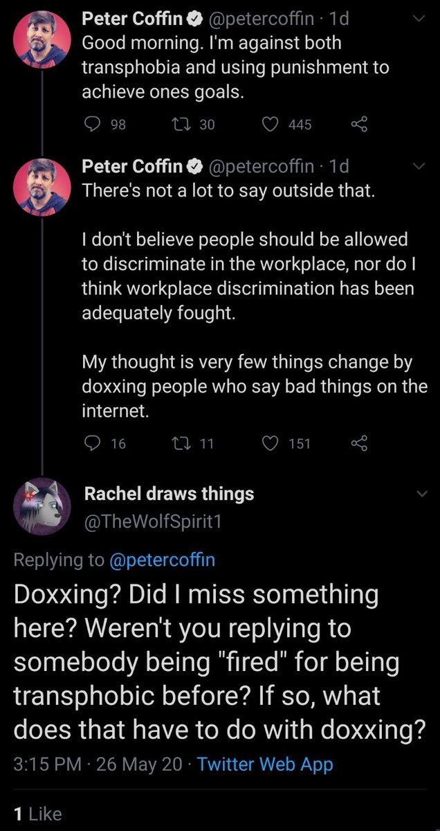 Here is the original and final tweet side by side. The original doesn't mention doxxing, and it isnt about using punishment to achieve goals. It is an expression of concern for transphobes with no real acknowledgement of the harm these bigots cause.