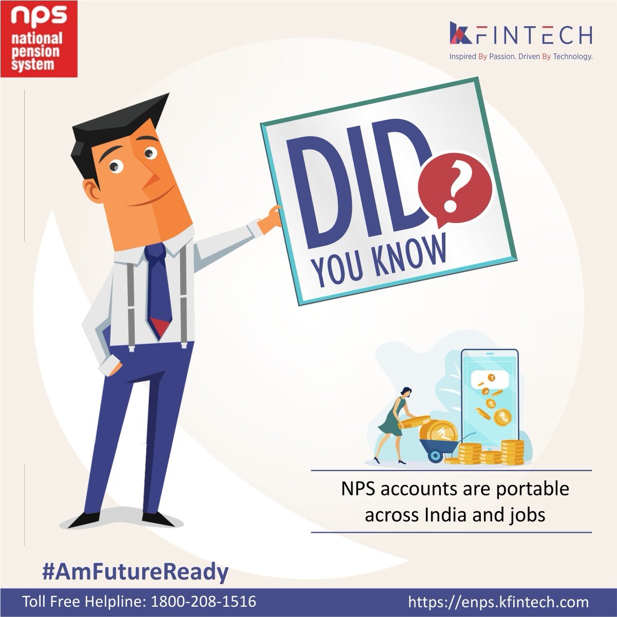 weKFintech's tweet photo. Investing in NPS can help you secure your future. To know more visit: https://t.co/TDYjg7T9vZ
#KFintech #KFintechDigital #AmFutureReady #NPS #pensionplanning #pension https://t.co/WgCpvDxDPI