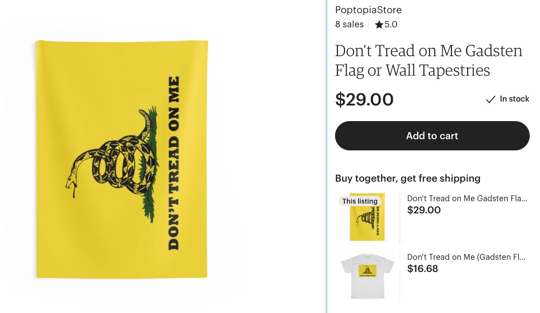 PoptopiaMerch's tweet image. Not to be outdone... we call it a flag, they call it a "wall tapestry" but get your custom made Gadsten Flag wall art now at Etsy. "#DontTreadOnMe" etsy.com/listing/798715…