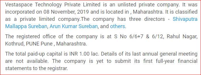 But since this company Next Capital Tech is said to have picked a minority stake, I tried to check who owns Vestaspace and what is its capital structure. And this is what I found: