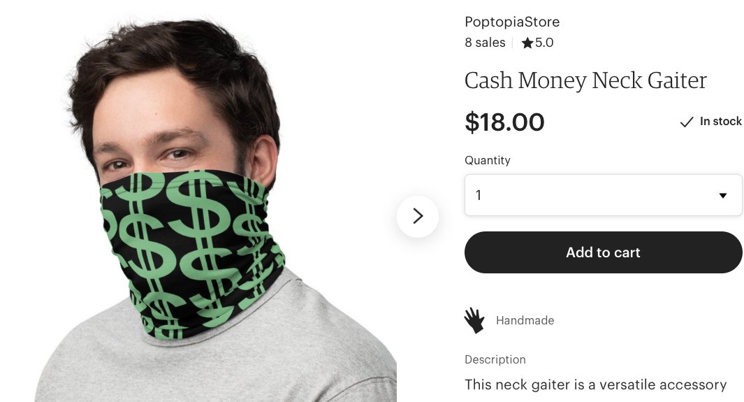 PoptopiaMerch's tweet image. It's the smell of #Money and #PoptopiaStore has it. Get our new #CashMoney #facemask and gaiter at our new store on #Etsy! Just click the link here for your new look! etsy.com/listing/796172… #COVID19