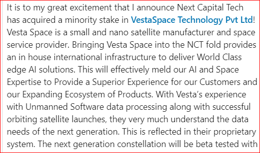 Arun Kumar's LinkedIn page also links to a post from one Noah Nelson, who is identified as CEO - Next Capital Tech and a Board Member at Vesta Space Technology. And one post had this info: