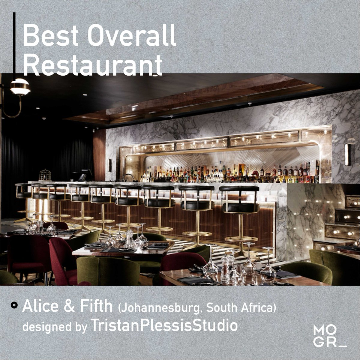 monogroundtaste's tweet photo. 2019’s Restaurant &amp; Bar Design Award “Overall Restaurant Award” goes to Alice &amp; Fifth in Johannesburg, South Africa, designed by Tristan Plessis Studio. 
#RBDA #RBDA2019 #BestOverallRestaurant #restaurantdesign https://t.co/yDJiqOXN05