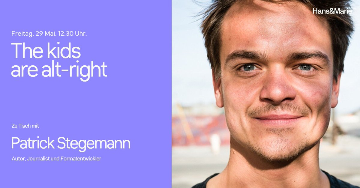 Seid ihr Euch bewusst, wie rechte #Influencer das Netz als Radikalisierungsplattform benutzen? ☝ Morgen zu Tisch, wie immer um 12:30 Uhr mit <a href="/petterich/">Patrick Stegemann</a> 
Hier geht's zur Zoom Anmeldung 👉 bit.ly/3enJ695 
#socialmedia #einfluss #zutisch #hansundmarie