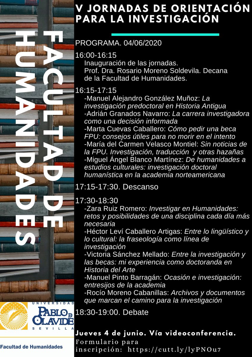 f_humanidades's tweet photo. ¿Cómo se hace una tesis doctoral? ¿cómo se solicita una beca FPU? Si te apasiona la investigación pero tienes dudas, apúntate a las V Jornadas de Orientación para la Investigación de #HumanidadesUPO: https://t.co/DHJSzK49N6
📆 4/6
🕙 16.00-19.00 h
📍Videoconferencia
#SoydelaUPO https://t.co/Ni7gpy5rtd
