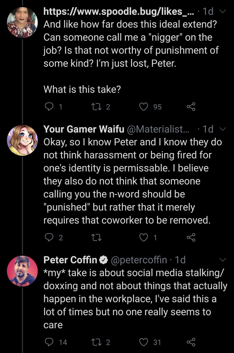 Cw: slurAlso think I forgot to cw one of the screengrabs earlier, sorry about that...Also, call me petty if you want, but Peter chooses to still pal around with known rapist MaterialistWife aka gwen_no_fear that they defended in the past.