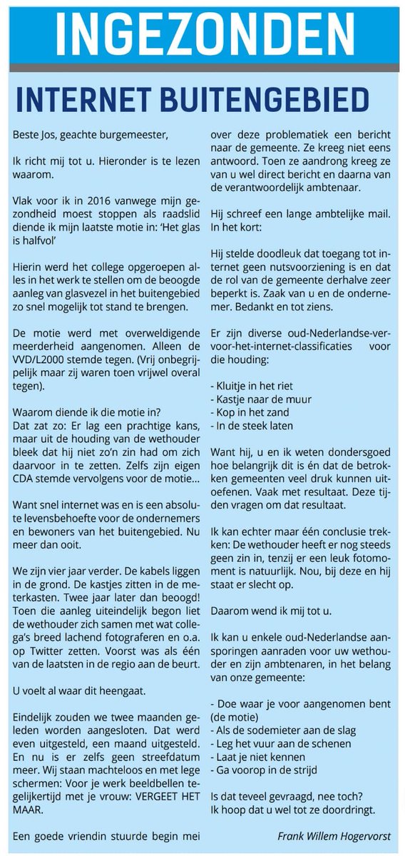 Tja dat internet in het buitengebied. 12Mbps (1,5MB) via koperkabel / adsl is hier de norm. Al vier jaar sleuren en trekken. Dank <a href="/FWHogervorst/">F.W. Hogervorst</a> voor je oproep in <a href="/voorsternieuws/">voorsternieuws</a>. <a href="/gemeente_Voorst/">Gemeente Voorst</a> . Ook voor <a href="/gem_apeldoorn/">Gemeente Apeldoorn</a> <a href="/gembrummen/">Gemeente Brummen</a> @glasbuitenaf