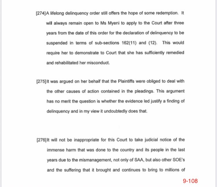 Judge Tolmay says Ms Myeni can apply to the court after 3 years from the date of the order for the declaration of delinquency to be suspended but this would mean she has to show the court she’s “sufficiently remedied and rehabilitated her misconduct.”