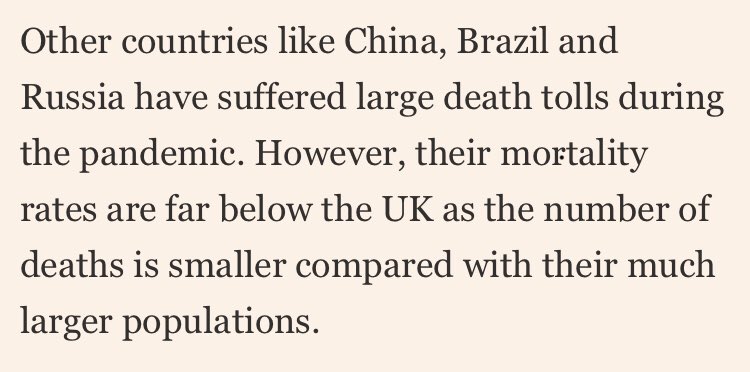 There are some other countries with little data published - Brazil, Russia, China - these have large populations and unlikely to have death rates per million close to the UK4/