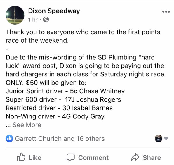 IsabelBarnes30's tweet photo. Found out yesterday that I got hard charger at my first race of the season in restricted on Saturday, May 23rd! I have never gotten a hard charger in restricted!! Thank you to dixion Speedway, I appreciate it. https://t.co/rDjauxro7M