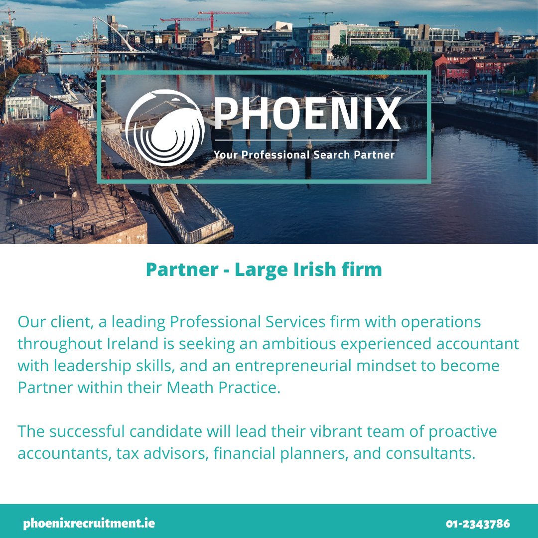 phoenixrecruit's tweet photo. Phoenix has been engaged by a leading Professional Services firm with offices throughout the country, to appoint a Senior Partner for one of their strongest performing Practices based in Meath

For a confidential discussion contact David Harrington on david@phoenixrecruitment.ie https://t.co/IdR8FC0iLz